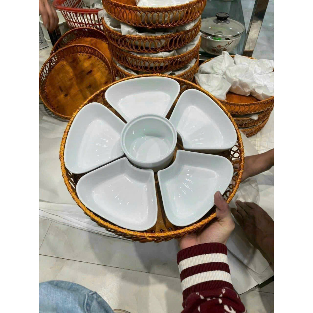 Bộ Đĩa 5 Cánh Hoa Đào Sứ Bát Tràng Kèm Khay Mây Siêu Đẹp,Bộ Bát Bánh Trôi