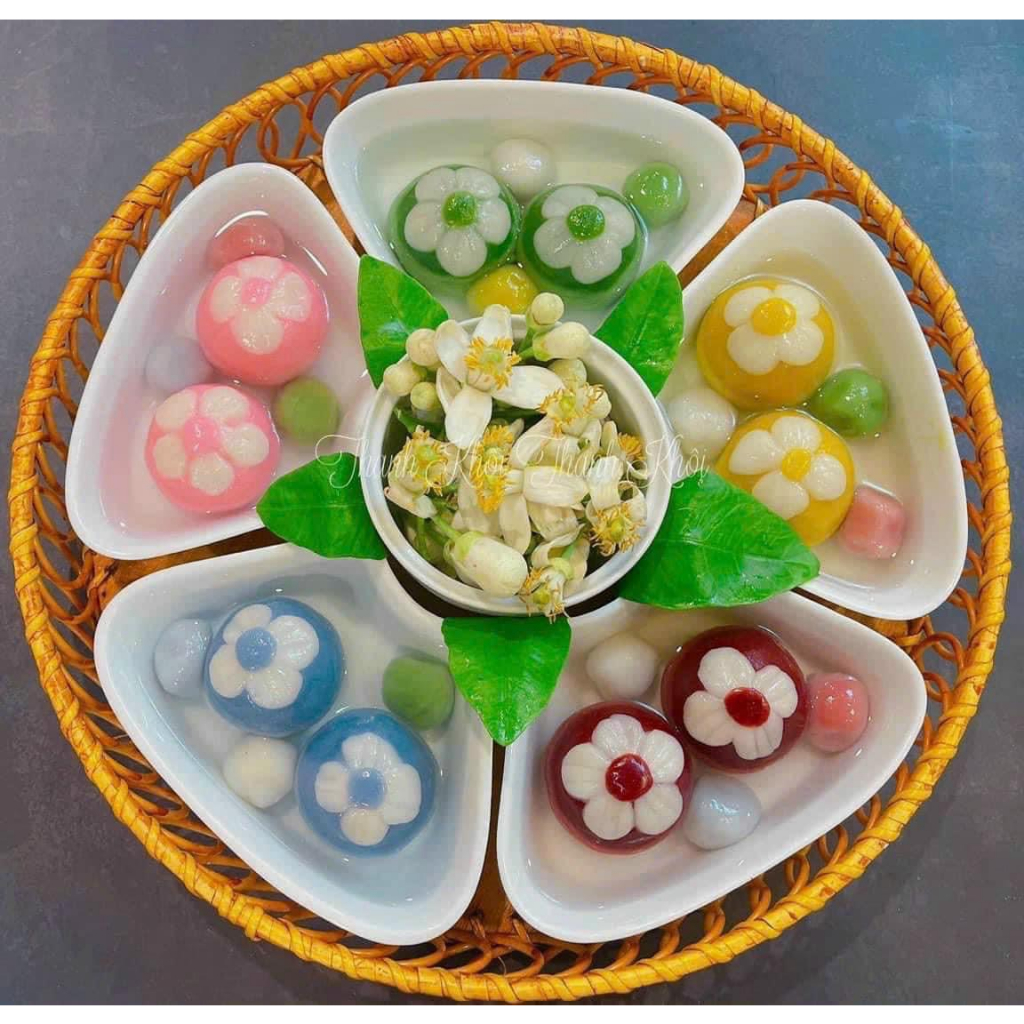 Bộ Đĩa 5 Cánh Hoa Đào Sứ Bát Tràng Kèm Khay Mây Siêu Đẹp,Bộ Bát Bánh Trôi