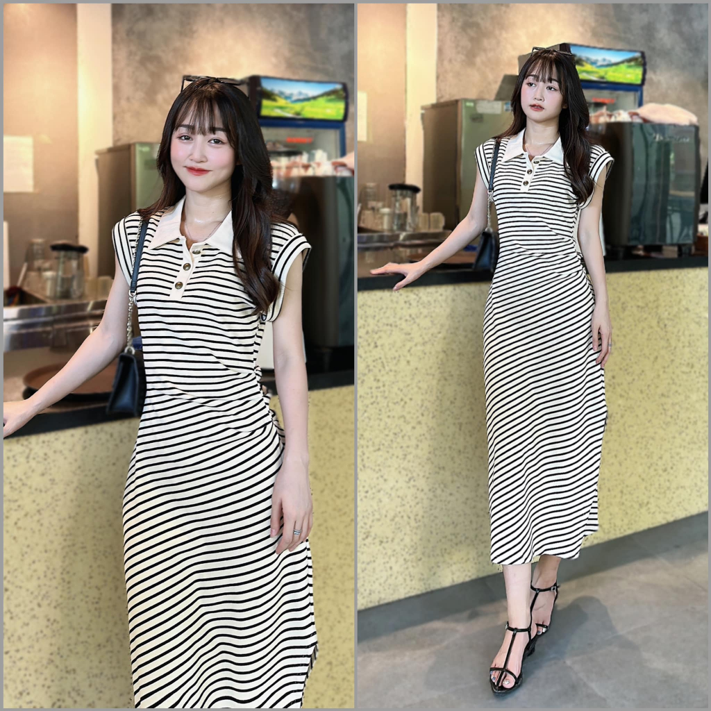 Váy cotton tăm xếp ly eo xẻ bên