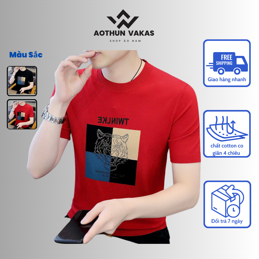 Áo phông nam tay ngắn cổ tròn, Áo thun nam cotton lạnh co giãn 4 chiều mặc thaoir mái 4 mùa AOTHU _VAKAS