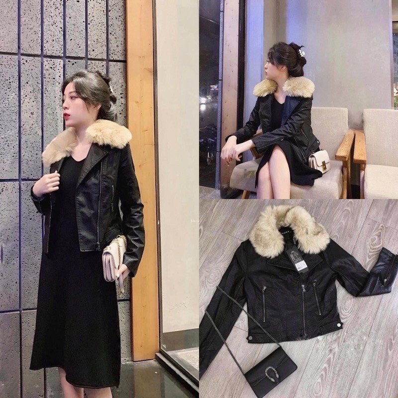 Áo Da Vest Khóa Trước Cổ Lông Rời Phong Cách Unisex
