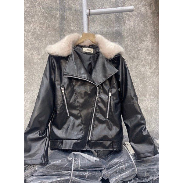 Áo Da Vest Khóa Trước Cổ Lông Rời Phong Cách Unisex