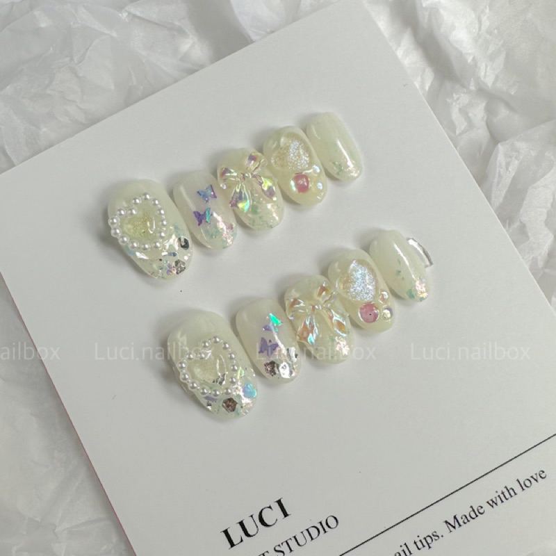 Móng giả thiết kế màu thạch L007 đính nơ nhiều màu hologram luci.nailbox