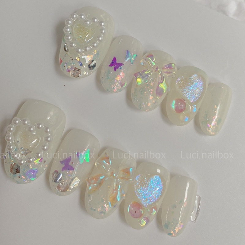 Móng giả thiết kế màu thạch L007 đính nơ nhiều màu hologram luci.nailbox