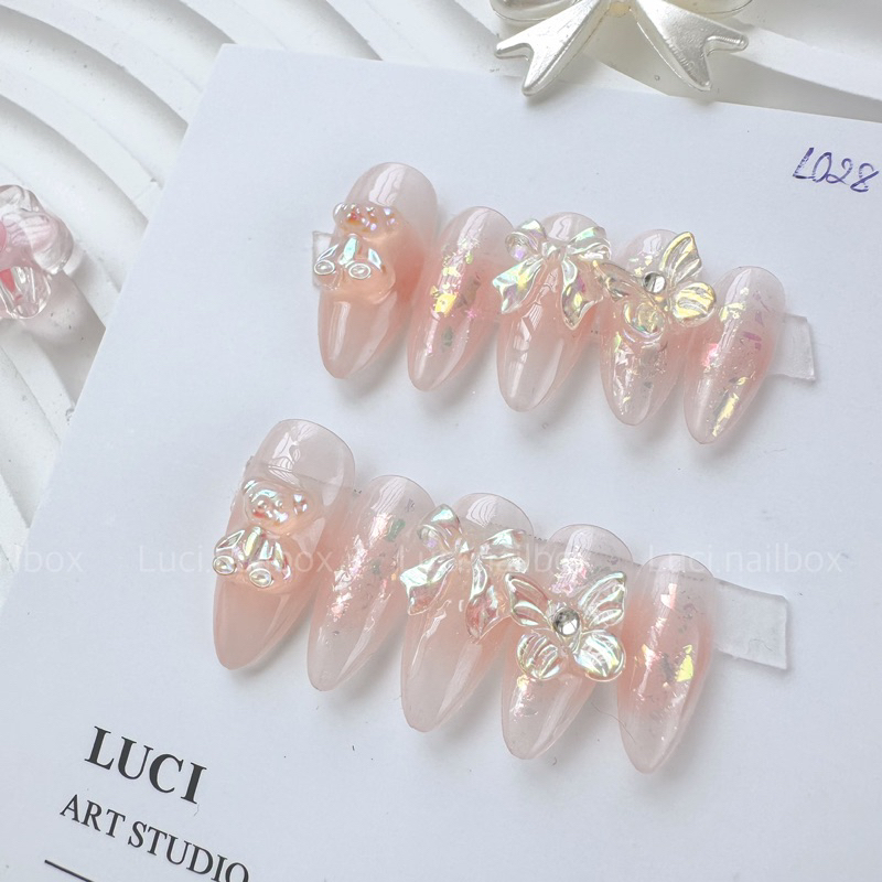 Nail box thiết kế L028 thạch cam nude đính charm gấu nơ ombre giữa móng dễ thương luci.nailbox