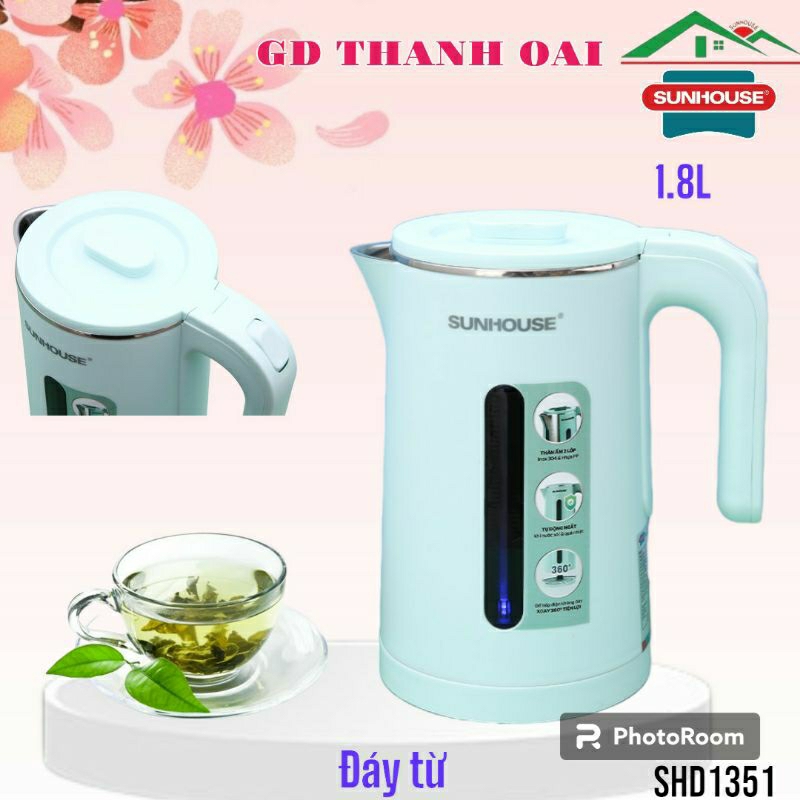 Ấm Siêu Tốc Sunhouse SHD1351, Công Suất 1500W, Dung Tích 1,8L, Cấu Tạo 2 Lớp Siêu Bền