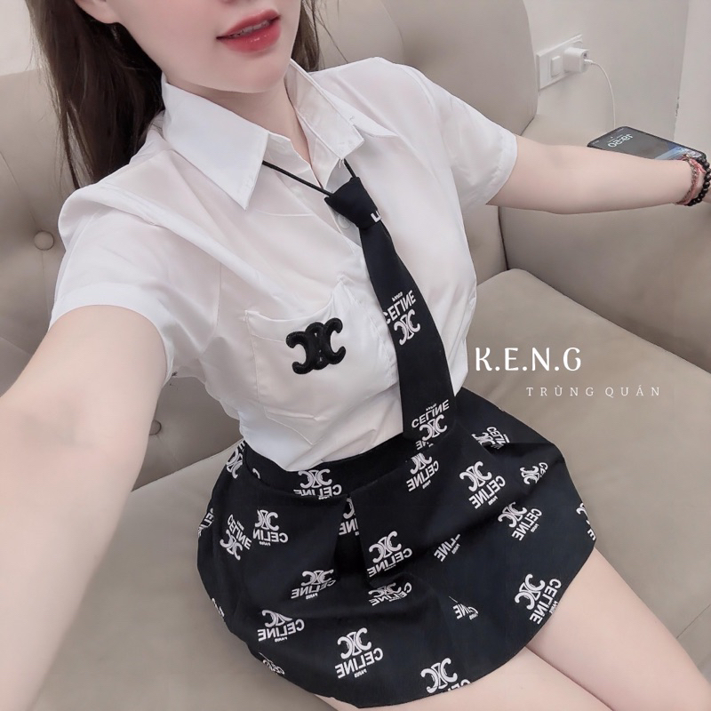 Set váy học sinh kèm cà cạt chân váy hoạ tiết trẻ trung