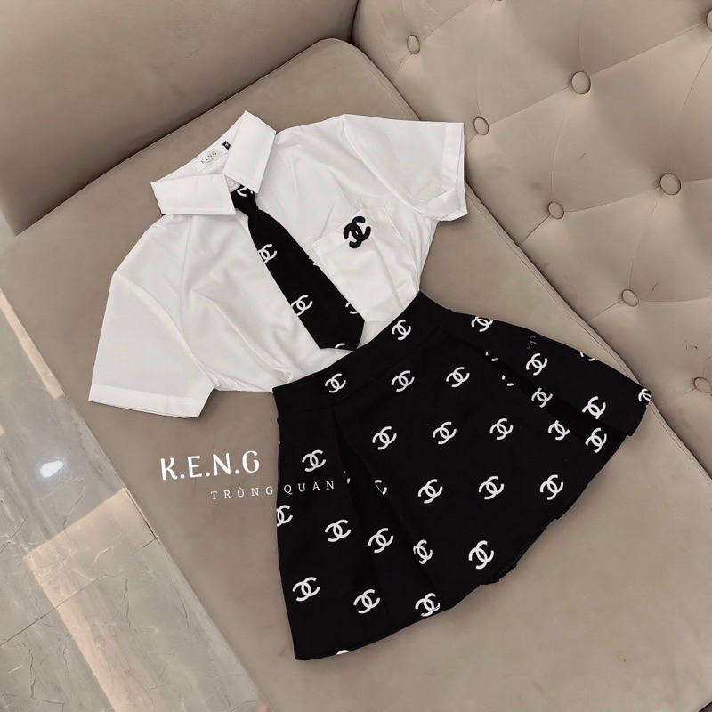 Set váy học sinh kèm cà cạt chân váy hoạ tiết trẻ trung