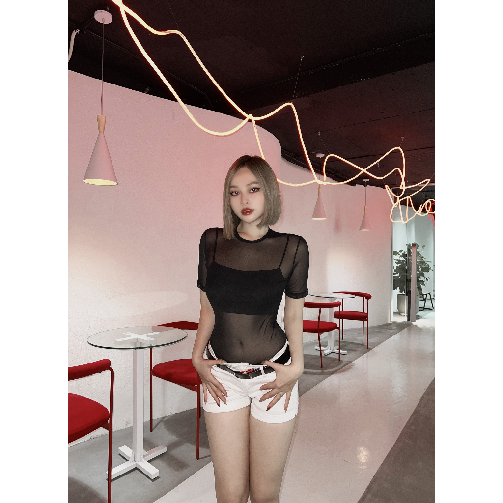 Set Áo Lưới Kèm Bra The Basic by HYN Thiết Kế Vải Thun Lưới Kèm Bra Chất Cotton Có Dây Điều Chỉnh