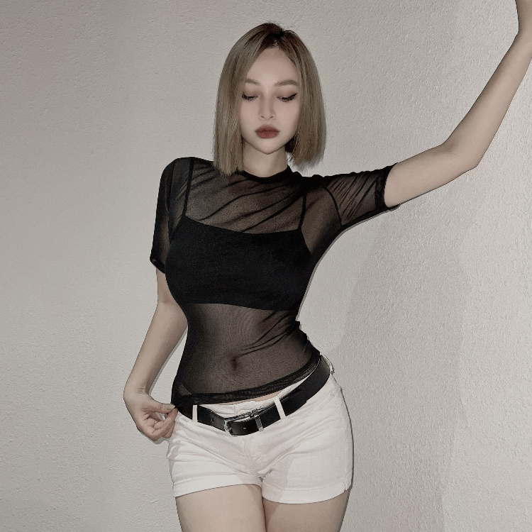 Set Áo Lưới Kèm Bra The Basic by HYN Thiết Kế Vải Thun Lưới Kèm Bra Chất Cotton Có Dây Điều Chỉnh