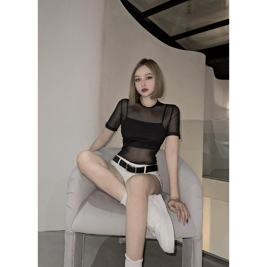 Set Áo Lưới Kèm Bra The Basic by HYN Thiết Kế Vải Thun Lưới Kèm Bra Chất Cotton Có Dây Điều Chỉnh