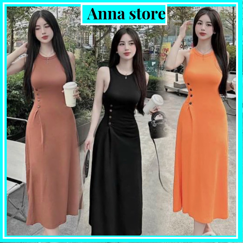 M903Đầm Body Ba Lỗ Nút Nhấn Eo Dáng Dài Xòe Nhẹ Chất Vải Thun Lụa Lạnh Co Giãn Không Bai Nhão Xùi Vải Mặc Đi Biển Đi Dạo
