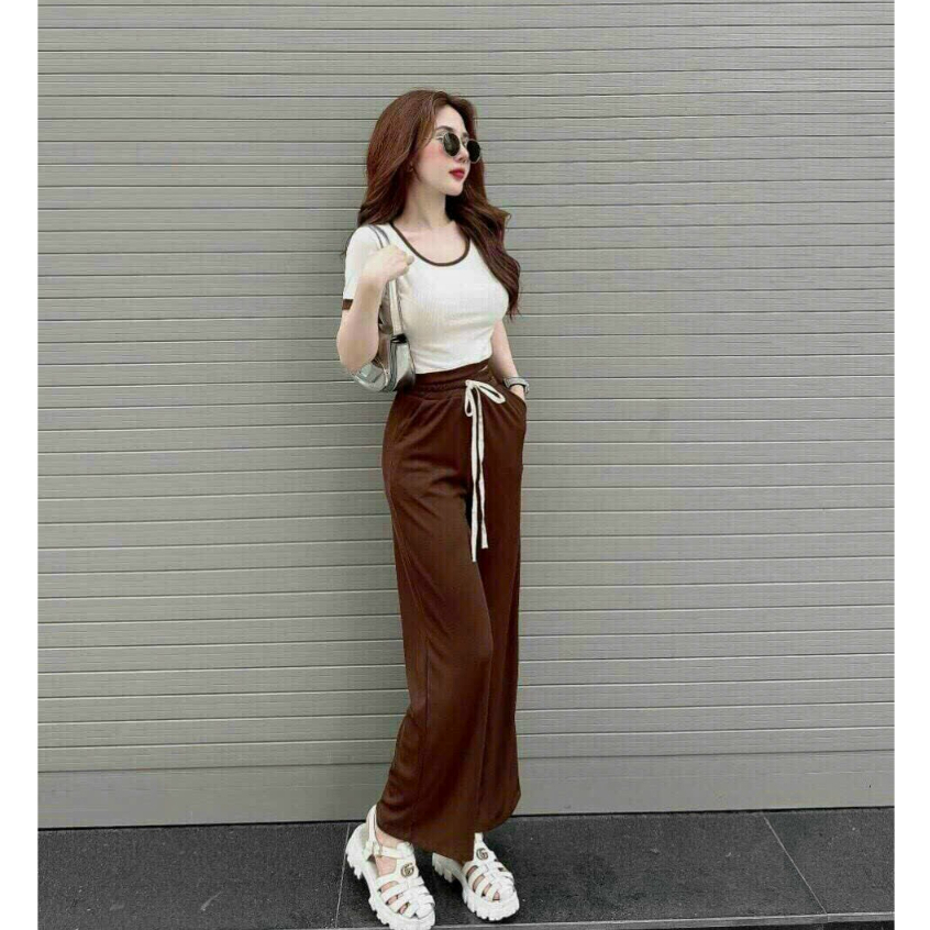 Set Bộ Hở Lưng, Thời Trang Nữ Chất Gân Cổ Tròn Tay Ngắn Chạy Viền Quần Dài Lưng Thun Thắt Nơ 2 Túi Trước Ống Đứng Maxi