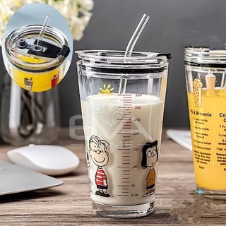 Ly Thuỷ Tinh Chia vạch 350 ml Hoạ Tiết Hoạt Hình - Có Nắp Đậy - Cốc Thủy Tinh Uống Trà Sữa - Ống hút thủy tinh