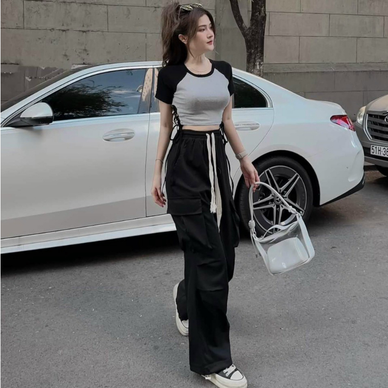 Set Bộ Thời Trang Nữ Chất Áo Gân Cổ Tròn Tay Ngắn Dây rút Eo Quần Dài Lưng Thun Dây Rút Túi Hôp Ống Đứng Maxi