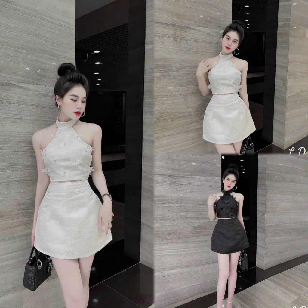 Set Bộ Nữ Áo Kiểu Cổ Yếm Đính Hạt Kèm Chân Váy Ngắn Dễ Thương Chất Liệu Tapta Phù Hợp Đi Chơi Và Dạo Phố Dx