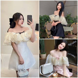 Váy trễ vai tafta phối tơ óng dây buộc cổ có đệm ngực và quần trong