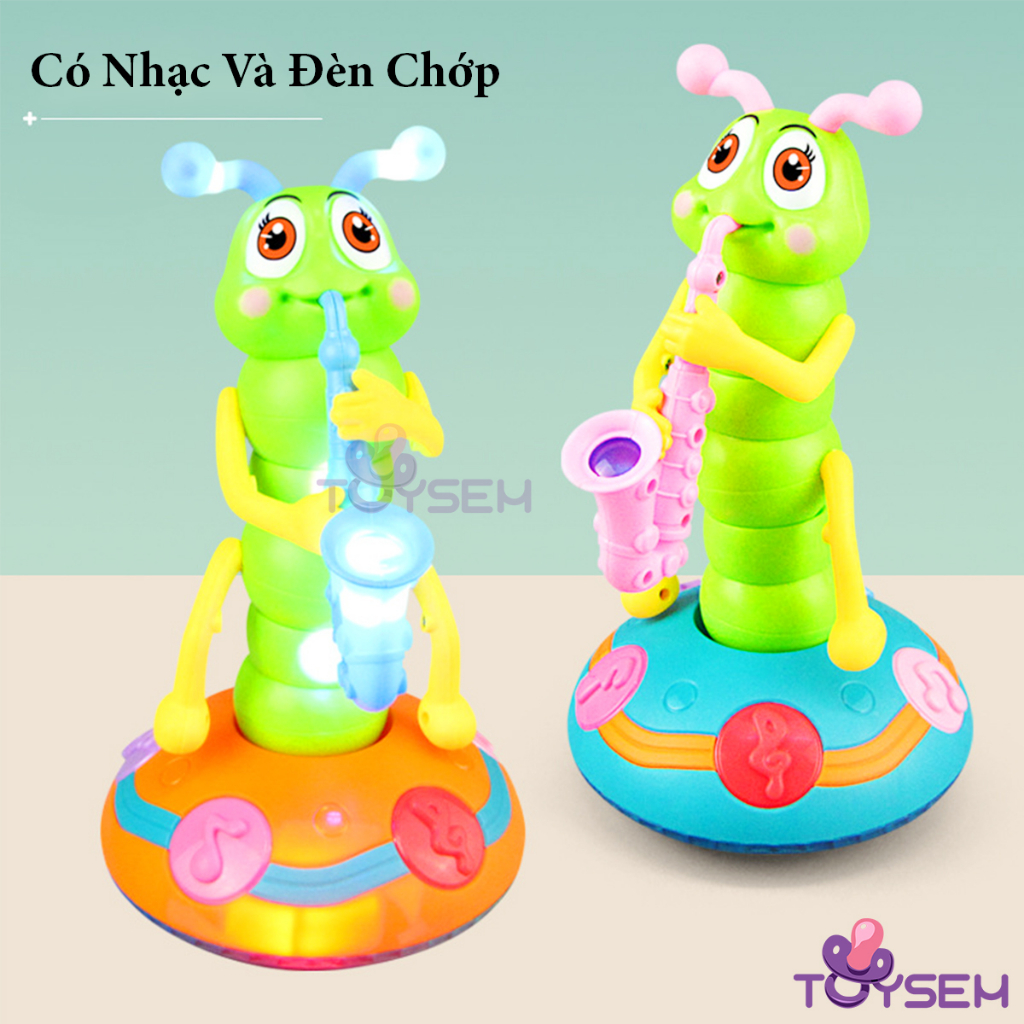 Đồ chơi sâu bướm thổi kèn saxophone xoay 360 độ có đèn và nhạc vui nhộn - Quà tặng noel, sinh nhật cho bé