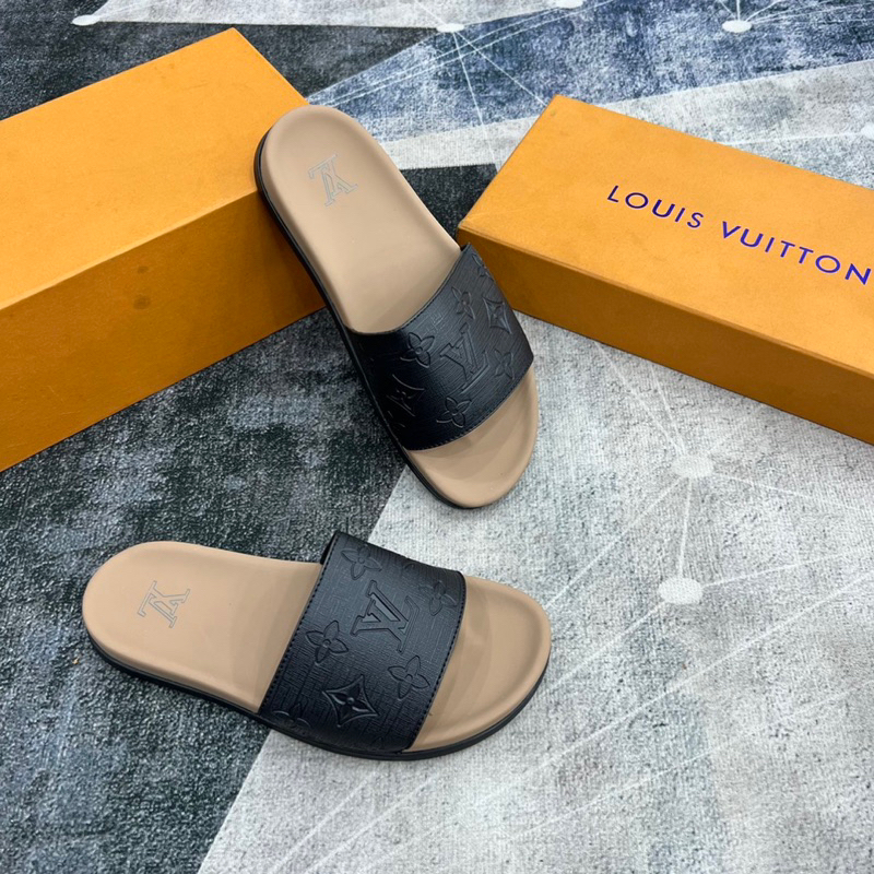 Dép lê nam LV da bò hạt cao cấp khắc logo hãng 2 màu new 2023