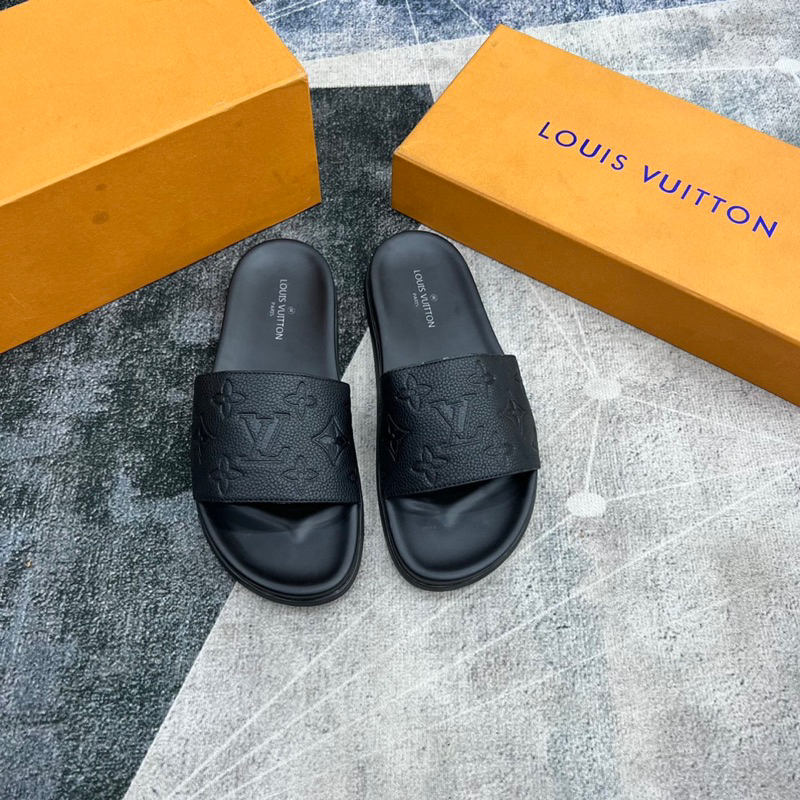 Dép lê nam LV da bò hạt cao cấp khắc logo hãng 2 màu new 2023
