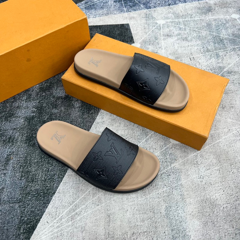Dép lê nam LV da bò hạt cao cấp khắc logo hãng 2 màu new 2023