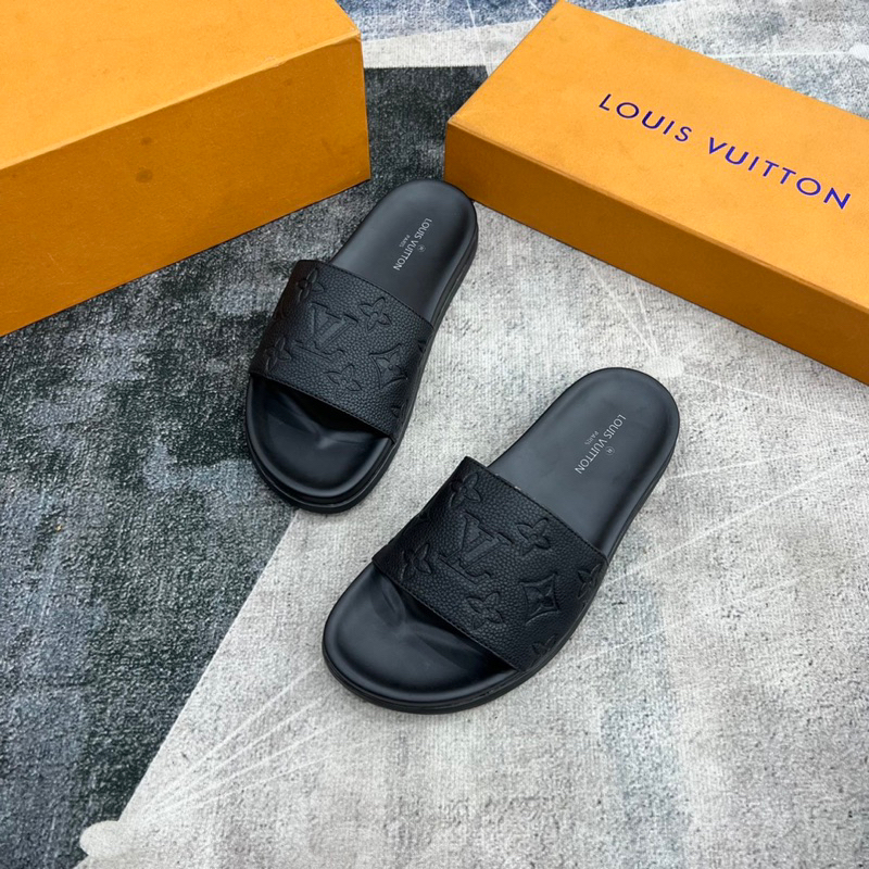Dép lê nam LV da bò hạt cao cấp khắc logo hãng 2 màu new 2023