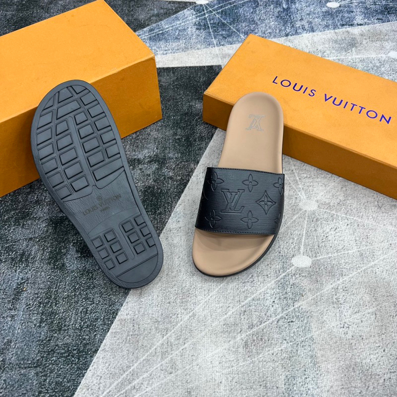 Dép lê nam LV da bò hạt cao cấp khắc logo hãng 2 màu new 2023