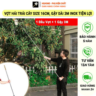 Đầu Vợt Hái Trái Cây Size 16cm Kèm Gậy Dài 3M, Dụng Cụ Hái Quả Trên Cao Siêu Tiện Lợi, Thép Mangan Chống Gỉ Cao Cấp