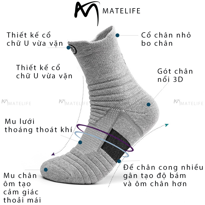 Tất vớ nam thể thao trung dày MATELIFE gân ma sát hàng cao cấp MTLSPORT79 êm ái khử mùi hôi cực tốt