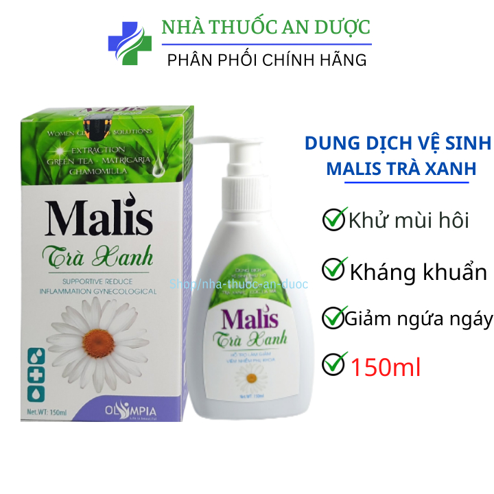 Dung dịch vệ Malis trà xanh, làm sạch, kháng khuẩn, ngăn mùi, hỗ trọ giảm viêm nhiễm phụ khoa – Chai 150ml