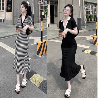 ĐẦM SỌC CỔ TRỤ NÚT DÀI FOM XOÈ XINH ĐẸP SV100