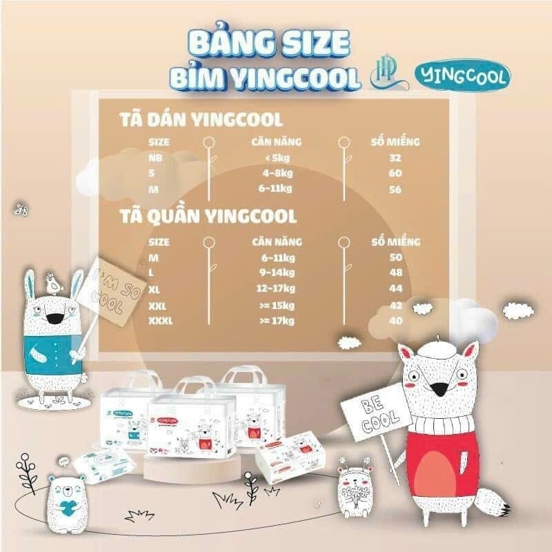 Bỉm YingCool Việt Nam NB32/S60/M56/M50/L48/XL44/XXL42/XXXL40