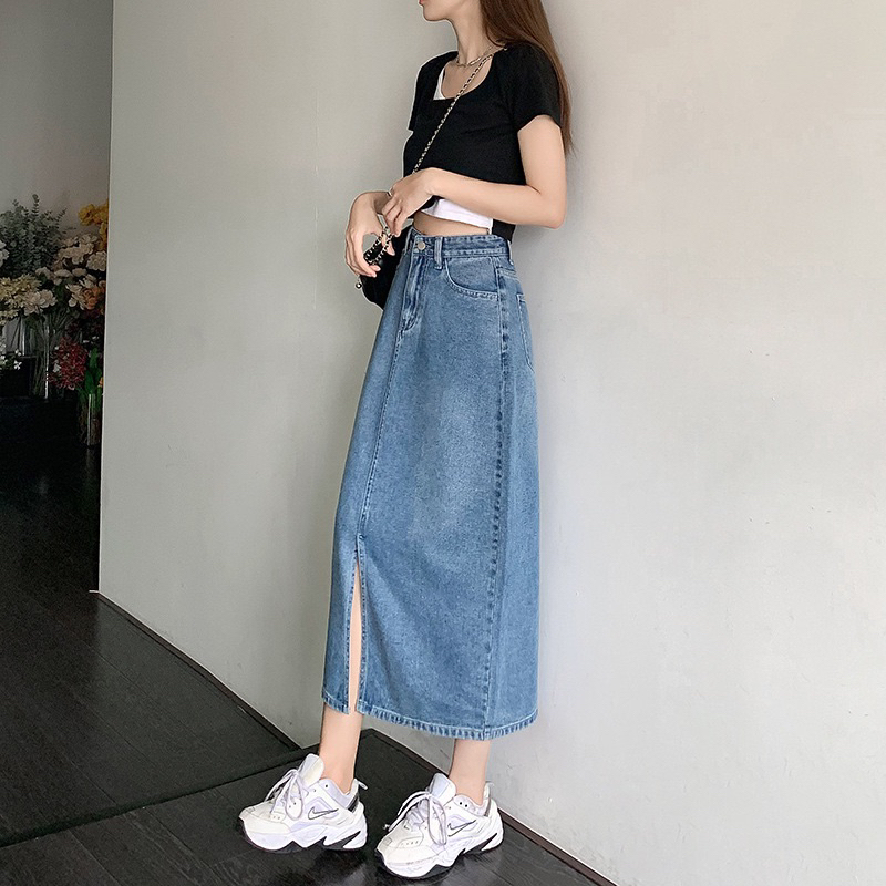 Chân Váy Jean Win.boutique Chân Váy  Dài Qua Gối Xẻ Trước Thời Trang Phong Cách Hàn Quốc