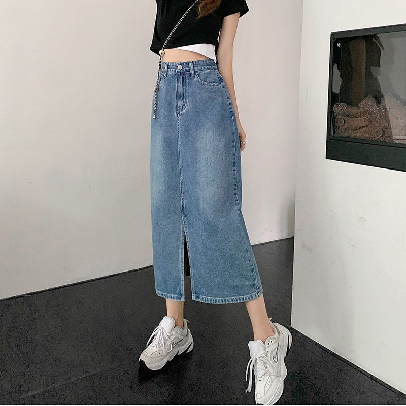 Chân Váy Jean Win.boutique Chân Váy  Dài Qua Gối Xẻ Trước Thời Trang Phong Cách Hàn Quốc