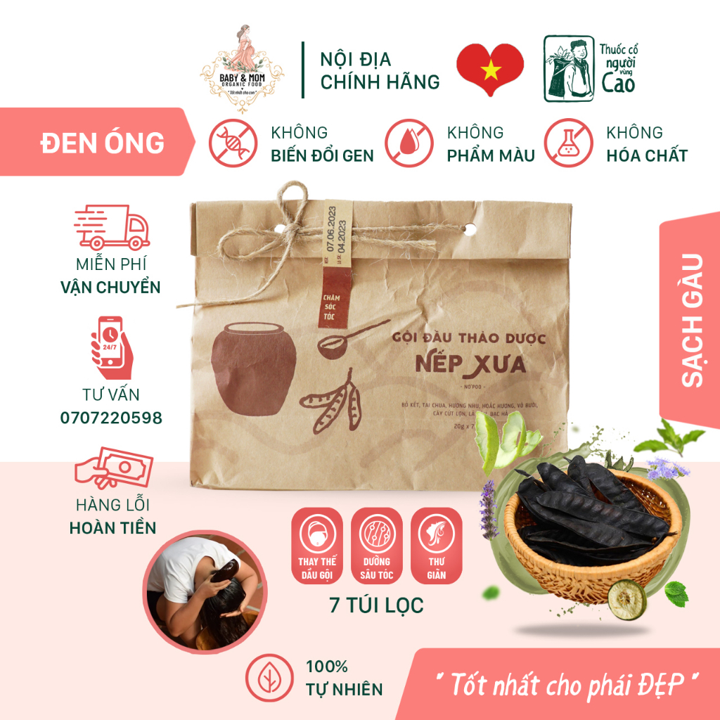 Thảo dược gội đầu Nếp Xưa VIETHERB - bồ kết và thảo mộc cho tóc khoẻ, mượt, suôn, thơm thư giãn