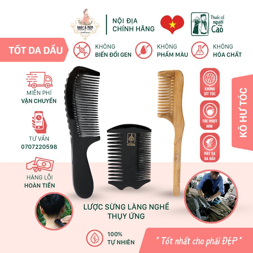 Lược sừng trâu đen / gỗ Vietherb phòng ngừa đau đầu Tóc Bóng Đẹp, Đánh Cảm Gió, Massage Da Mặt & Đầu