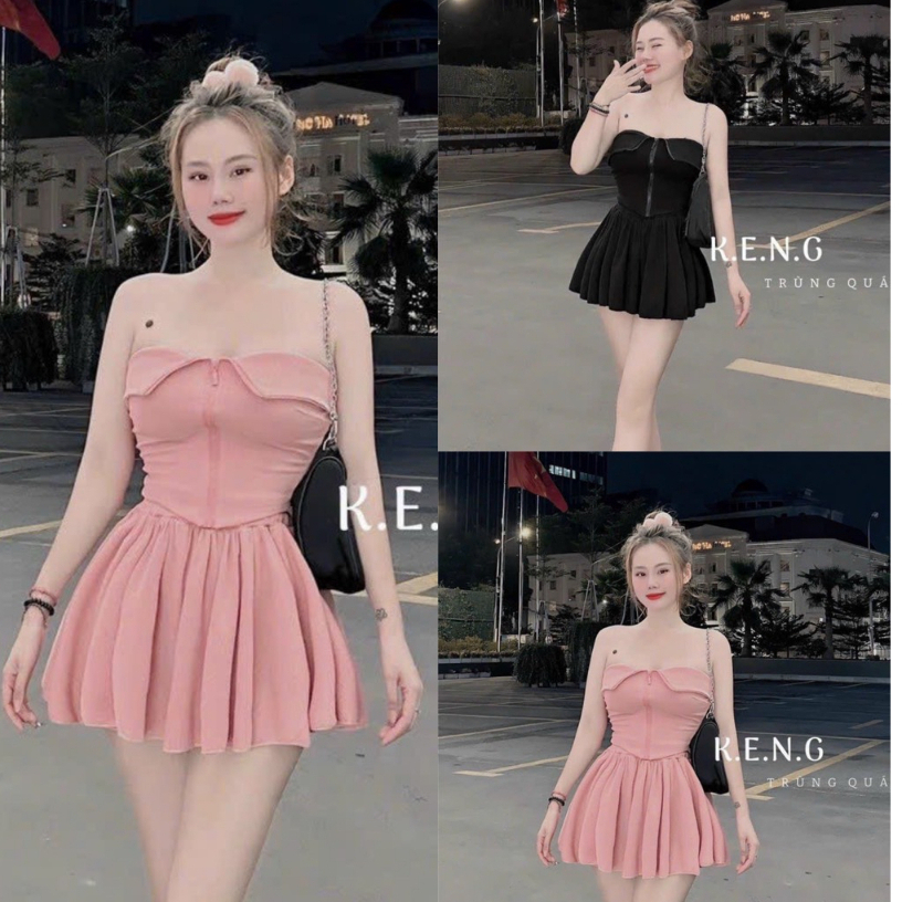 Sét Bộ Đồ Nữ Mix Chân Váy (Có Lót) Chất Gân Tăm Áo Cúp Dây Kéo Xịn Xò Cute From Siêu Xinh Dành Cho Nàng Đi Chơi, Đi Dạo