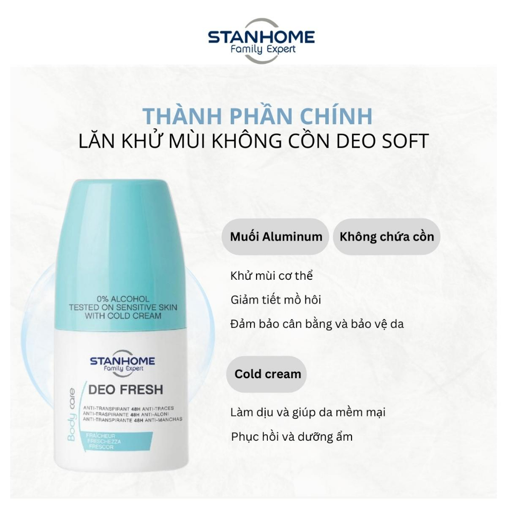 Lăn Khử Mùi Nam Nữ Ngăn Mồ Hôi Nách Không Cồn STANHOME Deo Fresh Hương Biển Tươi Mát Dành Cho Da Nhạy Cảm 50ML