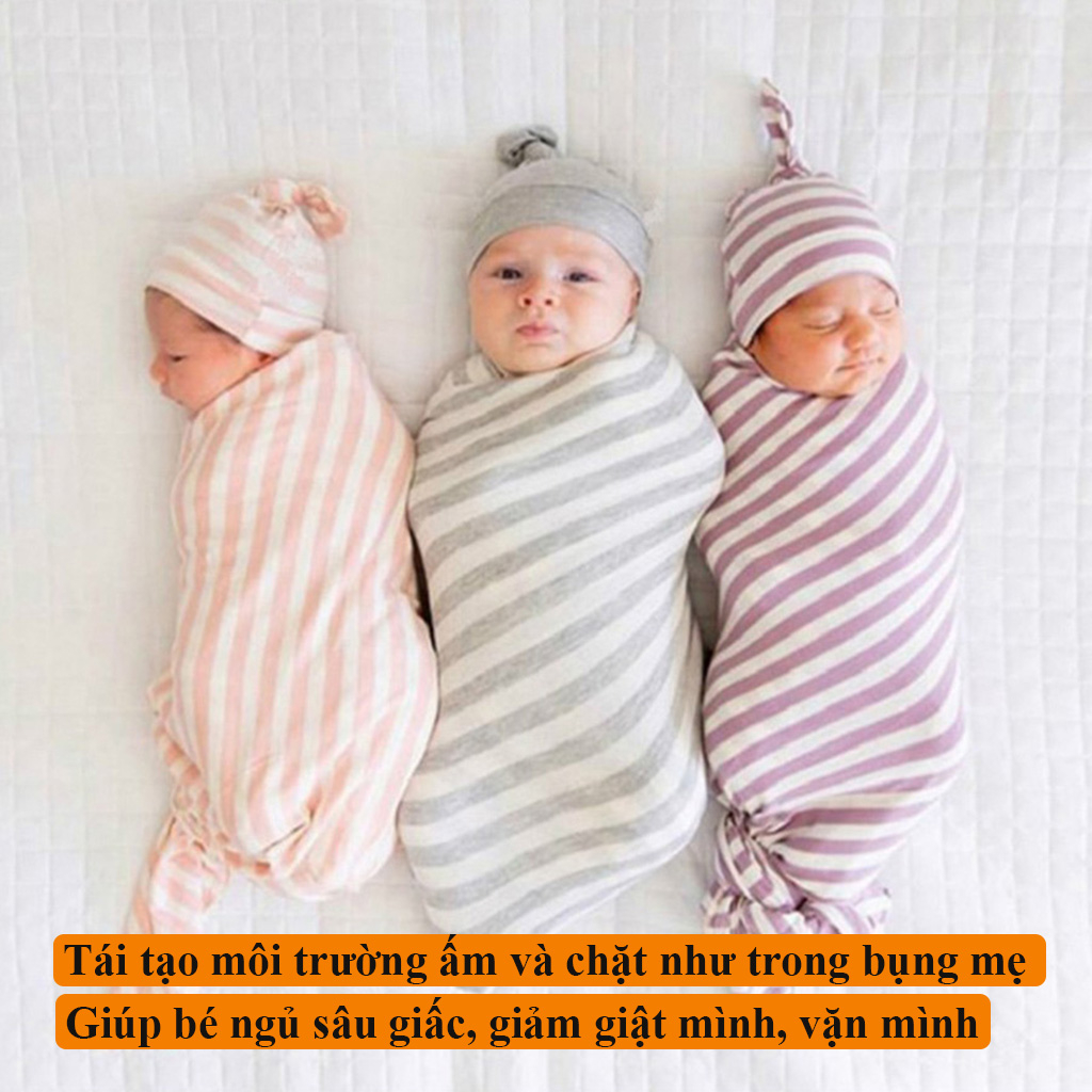 Quấn chũn cho bé ngủ ngon, Khăn quấn bé sơ sinh ngủ ngon, mềm mịn, co giãn, thoáng mát, tặng 1 mũ