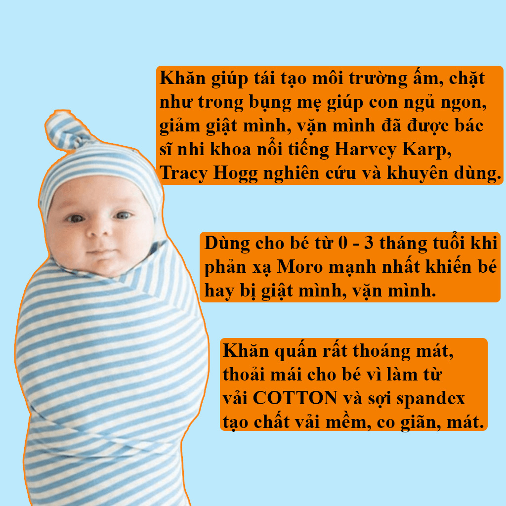 Quấn chũn cho bé ngủ ngon, Khăn quấn bé sơ sinh ngủ ngon, mềm mịn, co giãn, thoáng mát, tặng 1 mũ