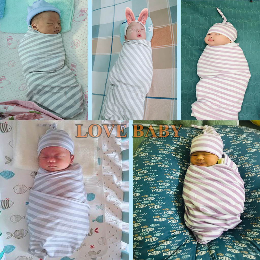 Quấn chũn cho bé ngủ ngon, Khăn quấn bé sơ sinh ngủ ngon, mềm mịn, co giãn, thoáng mát, tặng 1 mũ