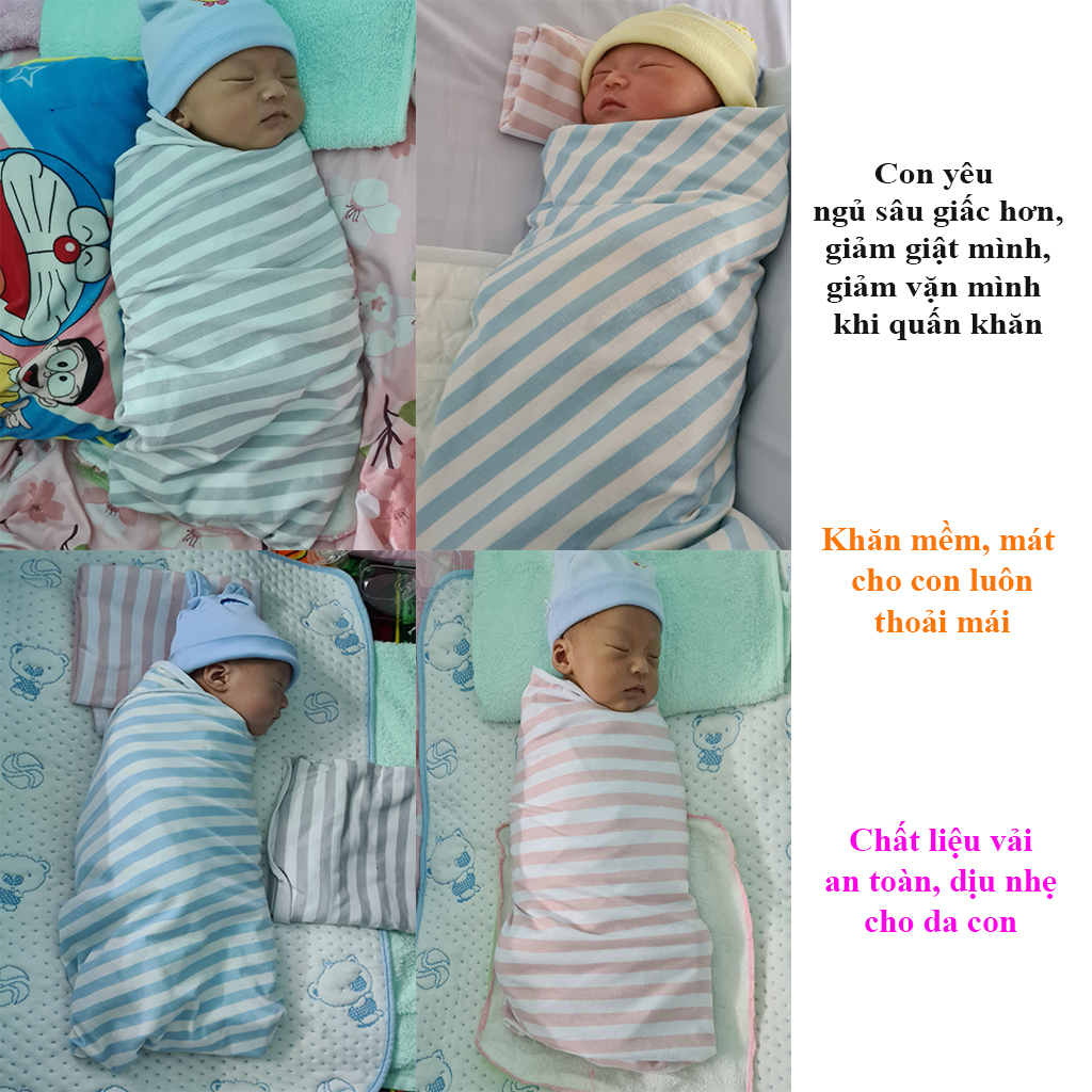 Quấn chũn cho bé ngủ ngon, Khăn quấn bé sơ sinh ngủ ngon, mềm mịn, co giãn, thoáng mát, tặng 1 mũ