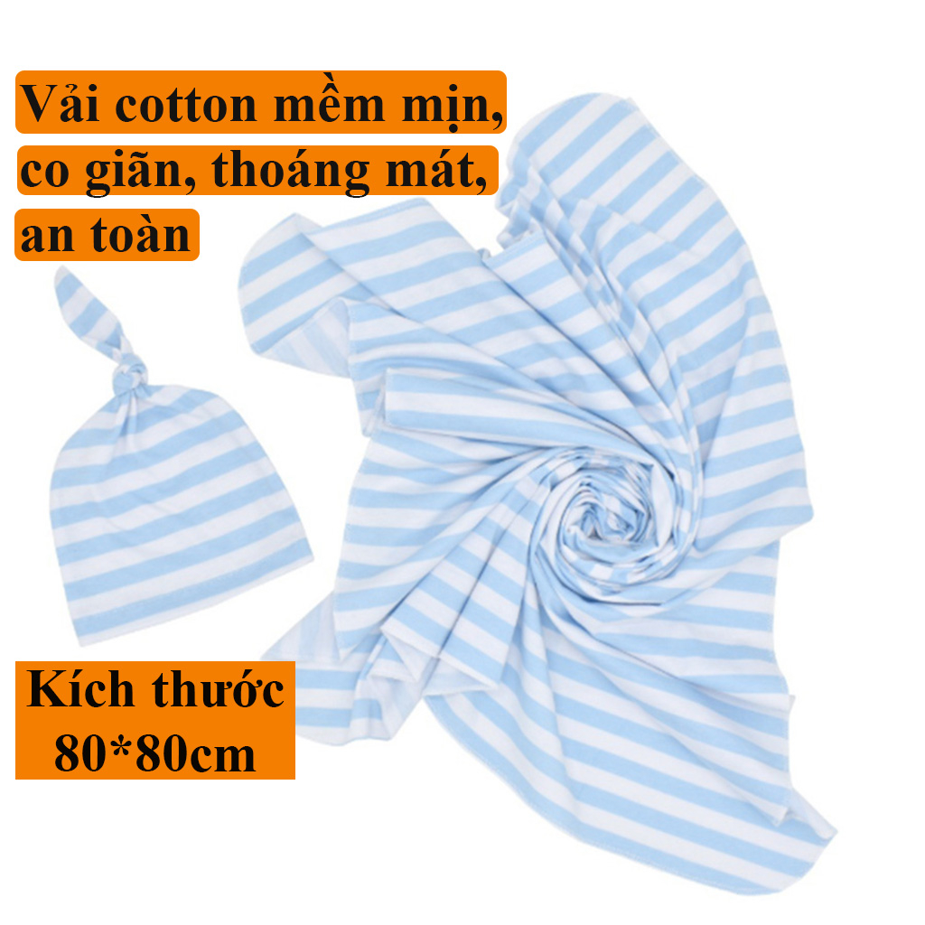 Quấn chũn cho bé ngủ ngon, Khăn quấn bé sơ sinh ngủ ngon, mềm mịn, co giãn, thoáng mát, tặng 1 mũ