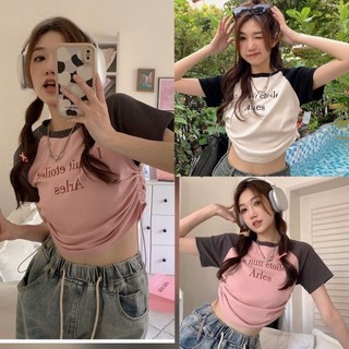 Áo Kiểu Croptop Tay Phối Màu Rút Dây Eo Freesize