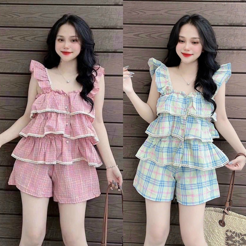 SET ÁO HAI DÂY CÁNH TIÊN VIỀN REN XẾP TẦNG PHỐI QUẦN ĐÙI DỄ THƯƠNG