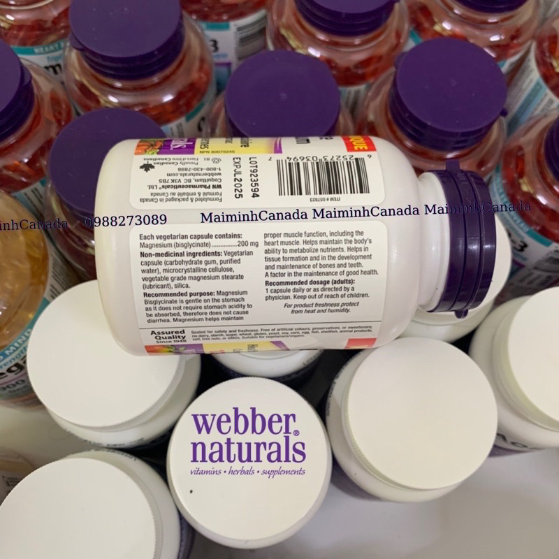 Viên uống Magnesium Bisglycinate 200mg Webber Naturals; date 2028