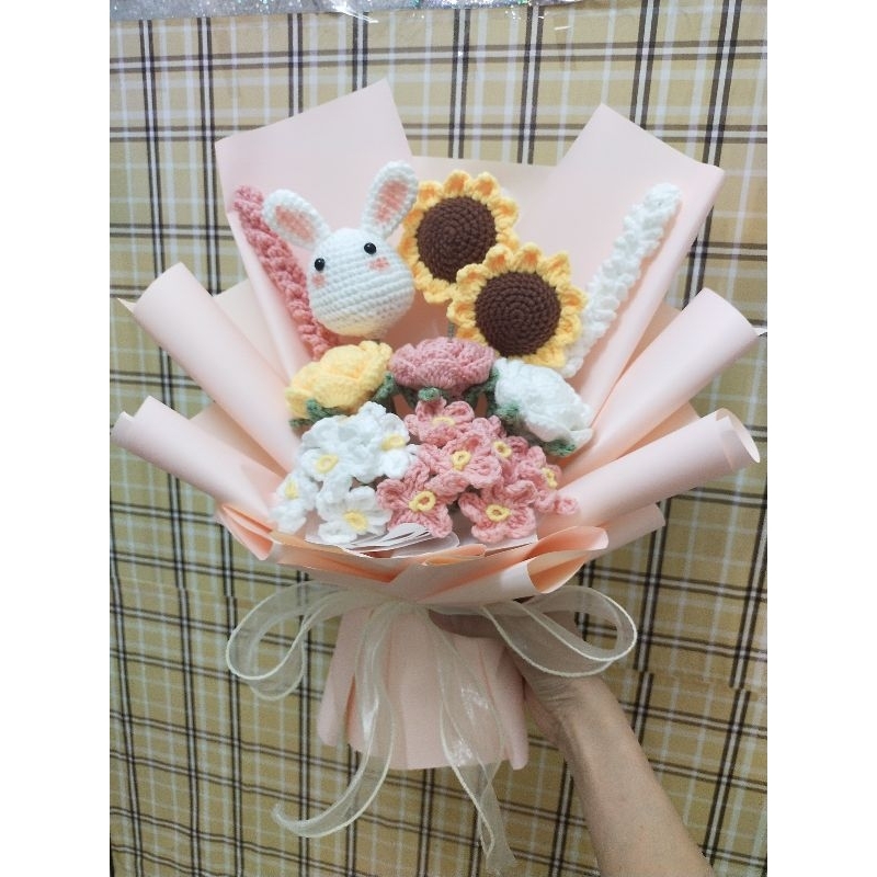 Bó hoa len dệt kim 10 bông gói sẵn kèm túi đựng handmade làm quà tặng ngọt ngào ngày valentime, 8/3, 20/10 cho bạn gái