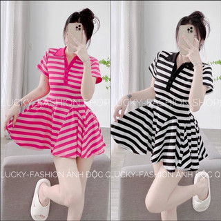 ĐẦM BODY CỔ BẺ TAY NGẮN DÁNG XOÈ CHẮP TÙNG HOẠ TIẾT SỌC ( kèm quần trong )