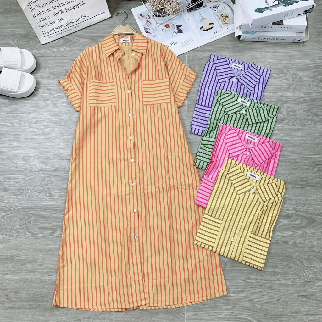 Đầm Kate Kiểu Dáng Dài Sọc Thiết Kế Có Túi Cổ Áo Sơ Mi - Nhím Xù Shop