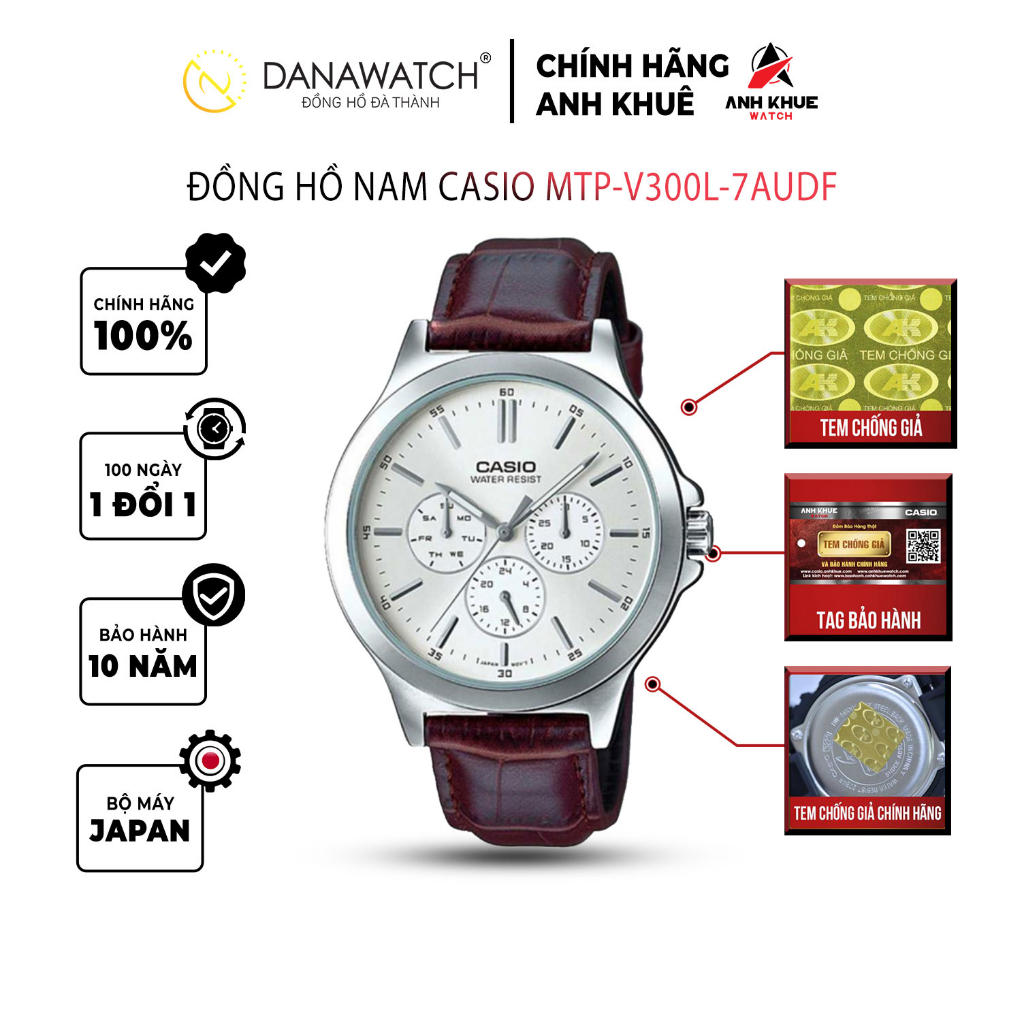 Đồng hồ Casio Nam chính hãng Casio Nhật Bản MTP-V300L-7AUDF dây da chính hãng thép không gỉ chống nước tốt